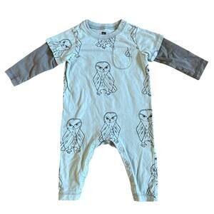 Boys’ Tea Collection Blue Grey Long Sleeve Owl One Piece Romper Size 6-9 months
